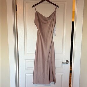 Satin Beige Midi Side Slit Dress